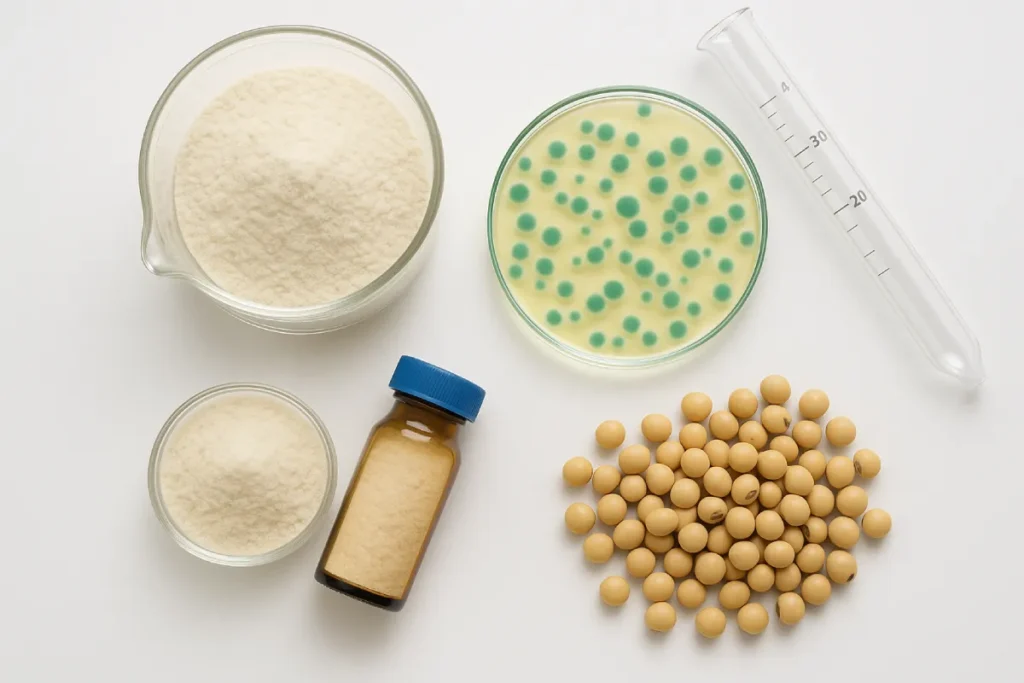 Fermentation of soy peptides with probiotics in lab setting, peptide powder in vial, showcasing clean-label production