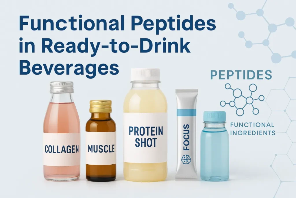 Assorted functional RTD beverages enriched with peptides for skin, muscle, and cognitive health, with molecular graphics overlay