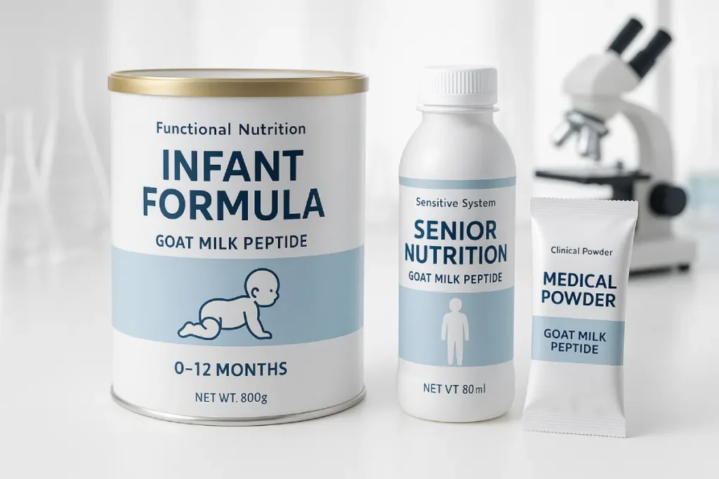 B2B product applications of goat milk peptide including infant formula, senior nutrition drinks, and clinical recovery supplements, shown with packaging mockups in a clean lab or formulation setting