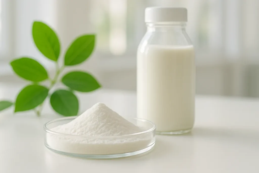 High-purity goat milk peptide powder in clear laboratory dish with fresh goat milk and green leaves background, symbolizing gentle, hypoallergenic nutrition ingredient for sensitive systems, suitable for B2B supplement and functional food manufacturers.