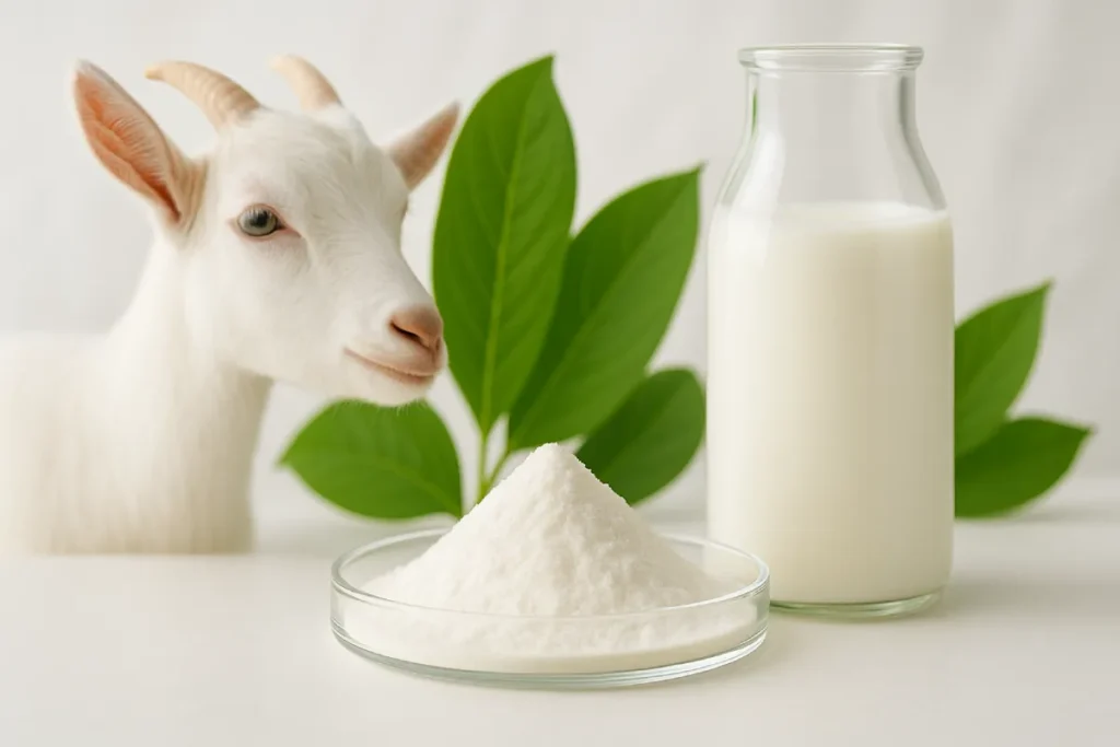 High-quality goat milk peptide powder displayed in a clear glass dish, with fresh goat milk and green leaves in the background, representing hypoallergenic and bioavailable ingredients for sensitive nutrition.