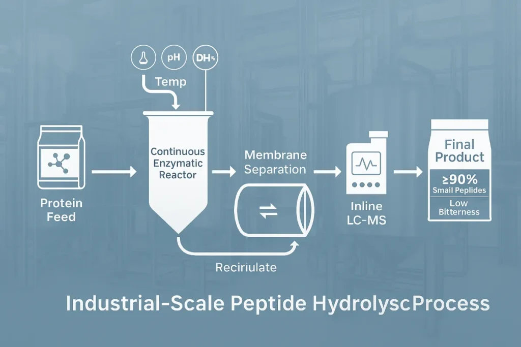 Flowchart of continuous multi-enzyme hydrolysis system with inline quality control and membrane separation for functional peptide production