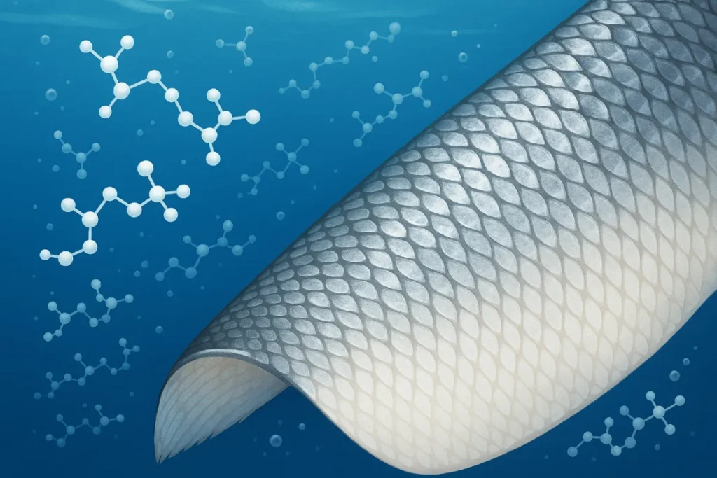 Marine collagen peptide source illustration showing fish skin, scales, and peptide molecular structure.