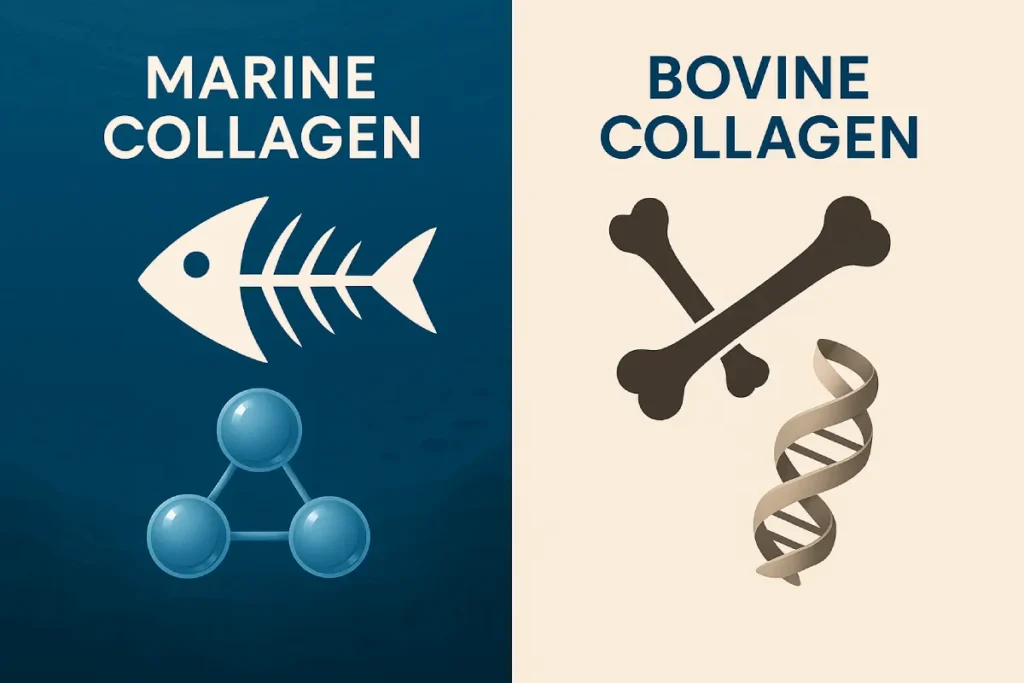 Marine vs Bovine Collagen Peptide visual comparison showing fish and bovine sources with molecular structures.