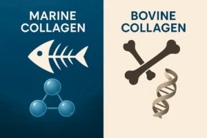 Marine vs Bovine Collagen Peptide visual comparison showing fish and bovine sources with molecular structures.