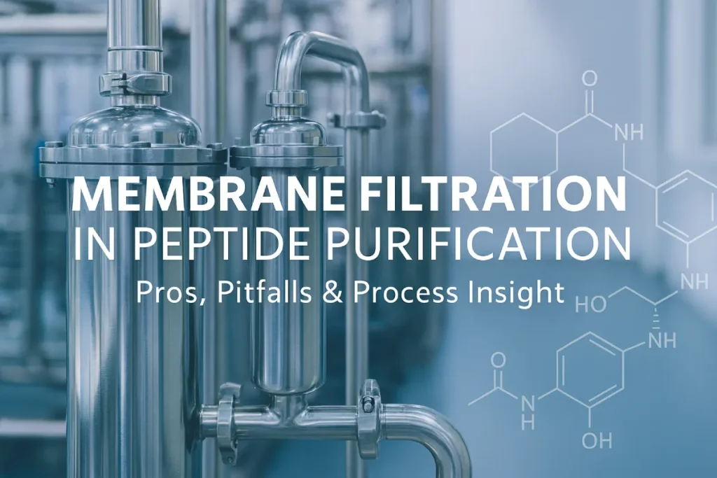 Membrane filtration equipment and peptide molecular diagram representing purification process in functional peptide manufacturing