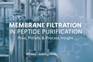 Membrane filtration equipment and peptide molecular diagram representing purification process in functional peptide manufacturing