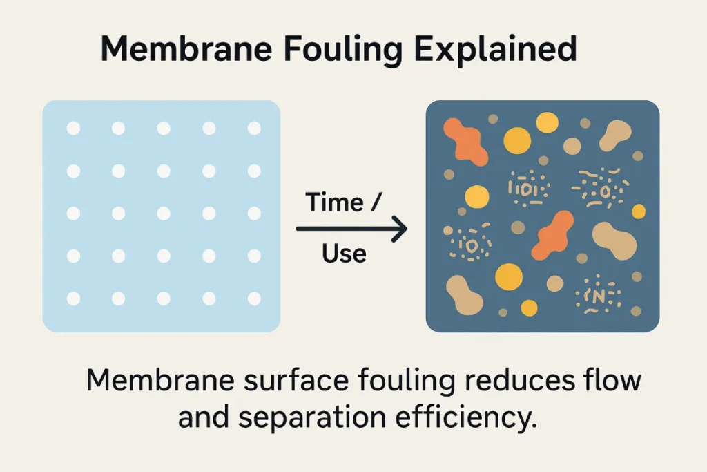 Diagram showing clean versus fouled membrane surface in peptide purification, illustrating buildup of proteins and lipids over time