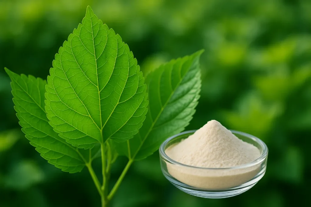 Mulberry Leaf Peptide powder and molecular structure with OEM packaging mocku