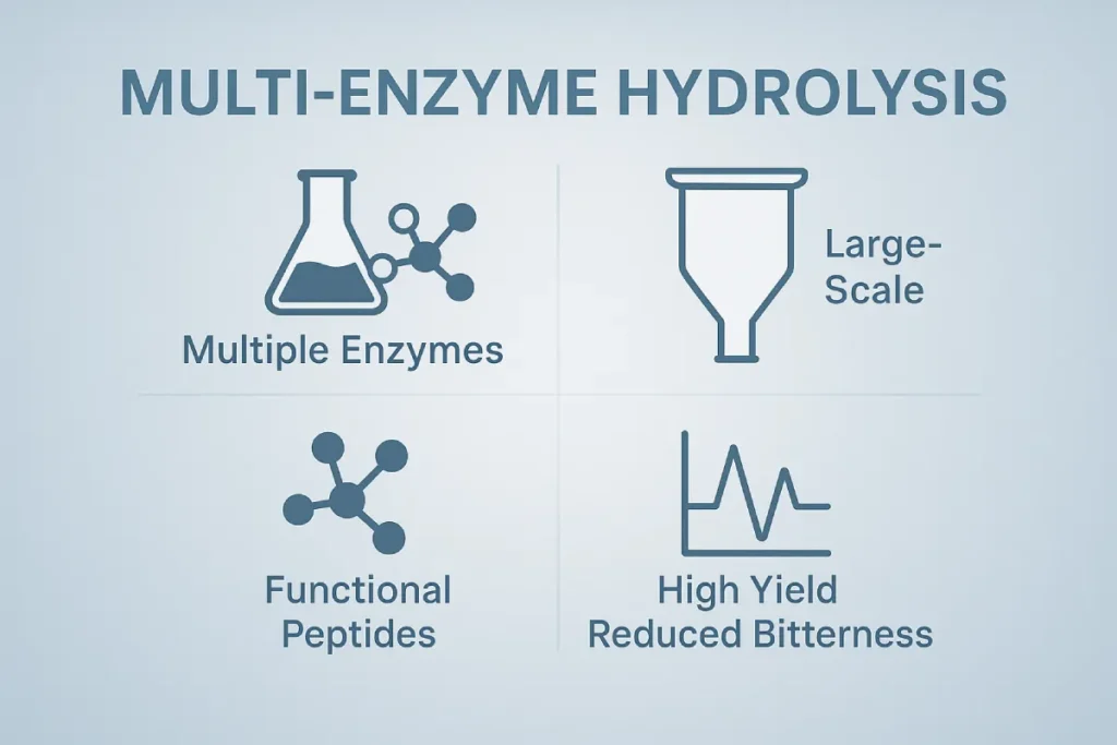Diagram showing how multiple enzymes cleave a protein chain at different points to release functional peptides with specific bioactivities