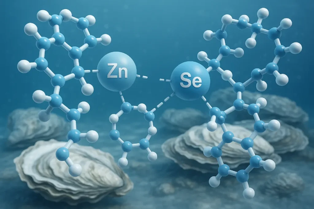 Molecular structure of oyster peptides interacting with trace minerals like zinc and selenium
