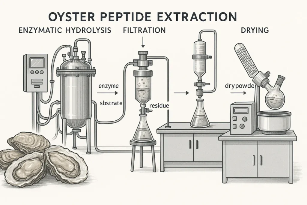 Illustration of oyster peptide extraction process with enzymes and modern bioreactors