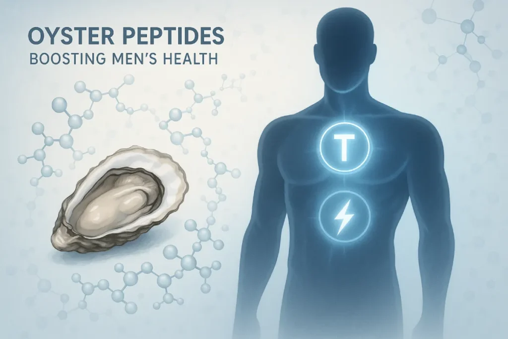 Illustration of oyster peptides supporting men's health, including testosterone and energy metabolism