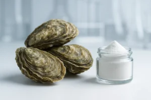 Close-up of fresh oysters and clear peptide powder in a laboratory setting, symbolizing marine-derived functional ingredients for men’s health and vitality.