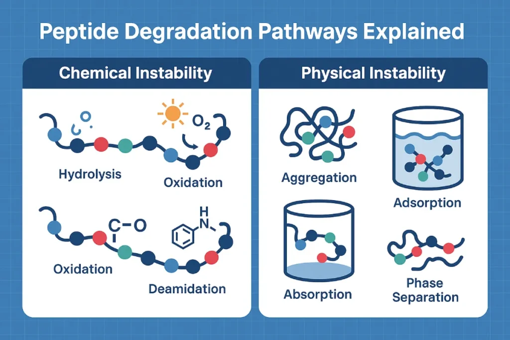 Infographic showing peptide degradation pathways including chemical instability (hydrolysis, oxidation, deamidation) and physical instability (aggregation, adsorption, phase separation) with labeled illustrations.