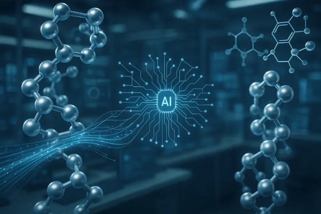 Futuristic visualization of peptide structures and AI algorithms converging in a biotech environment