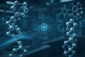 Futuristic visualization of peptide structures and AI algorithms converging in a biotech environment