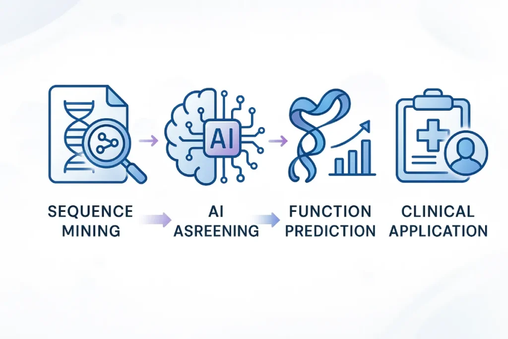 Conceptual workflow from peptide sequence identification to functional application using AI tools