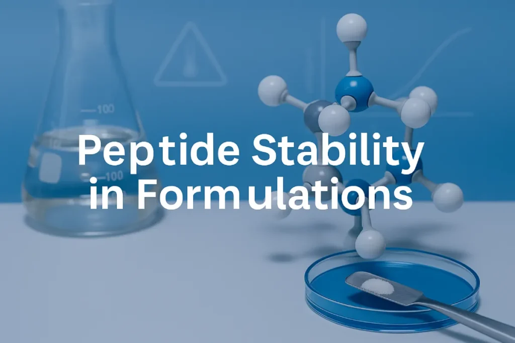 "3D peptide molecule, lab glassware, and peptide powder symbolizing peptide stability in R&D formulations