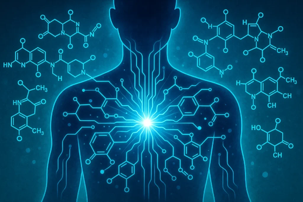 Conceptual illustration of functional peptide synergy unlocking targeted health benefits in human body