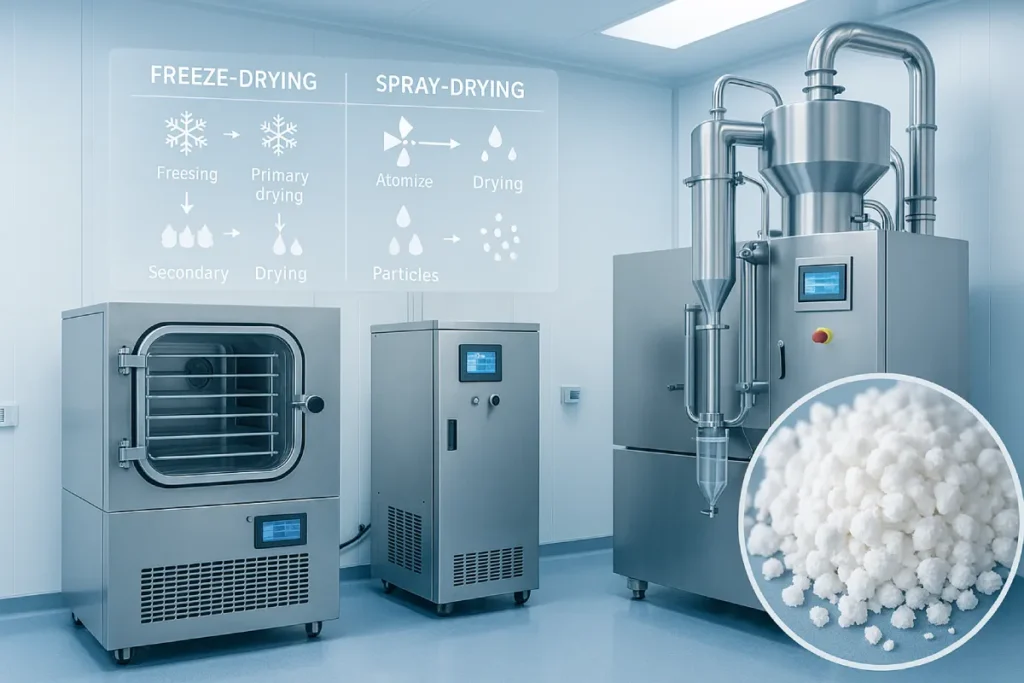 Industrial freeze-drying and spray-drying machines processing peptide powders in GMP-certified facility