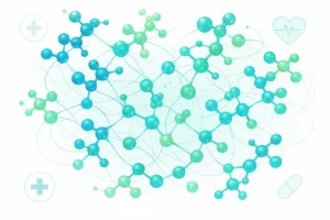 Abstract visualization of synergistic functional peptides combining to unlock targeted health effects, with molecular structures and healthcare icons on a clean light background.