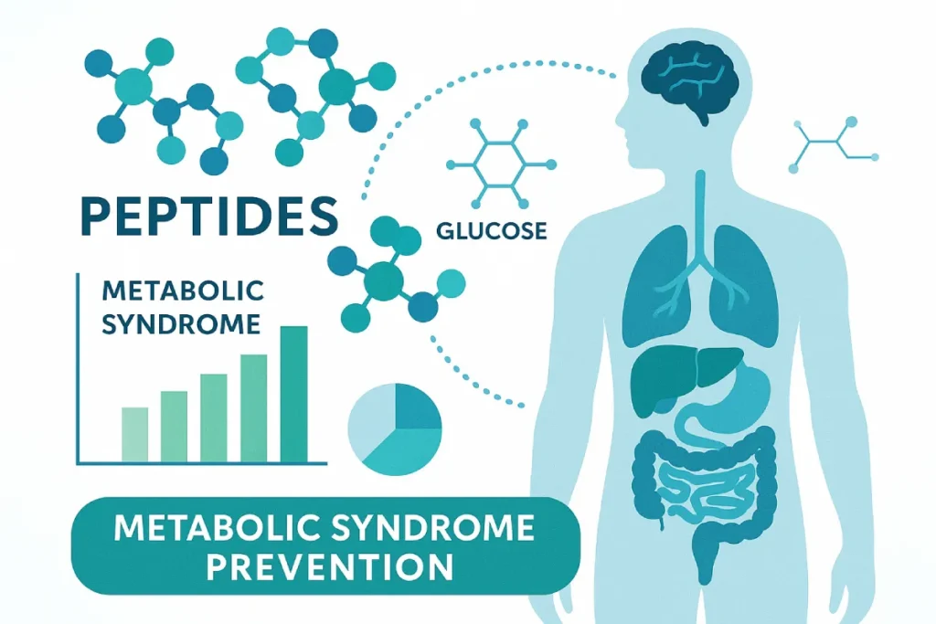 Illustration showing the connection between peptides and metabolic syndrome prevention, featuring peptide molecules interacting with human metabolic pathways