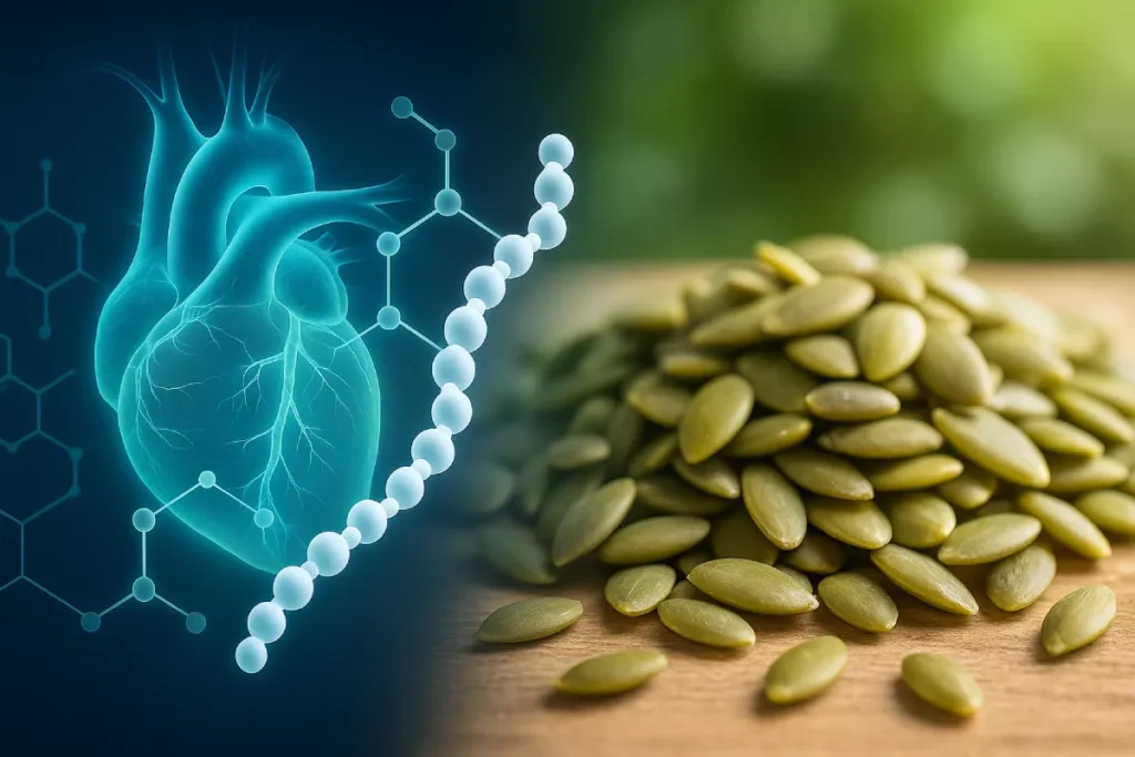 Pumpkin seed peptide supporting cardiovascular health with molecular overlay and plant imagery