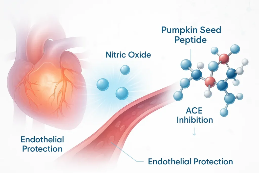 Molecular illustration of pumpkin seed peptide supporting cardiovascular function via nitric oxide production and ACE inhibition.