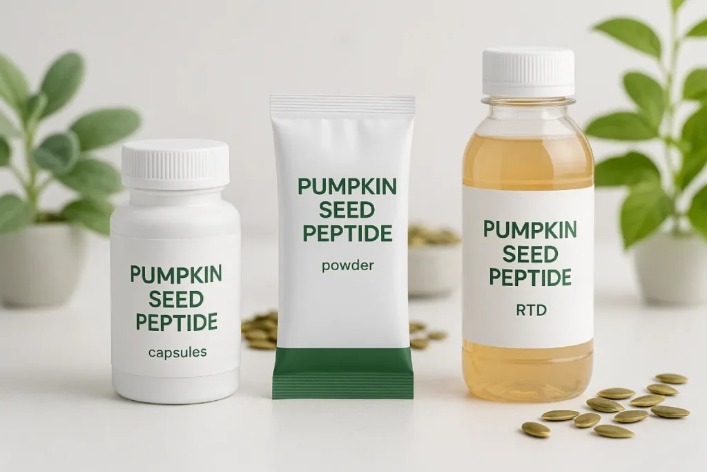 Various B2B product formats made from pumpkin seed peptides, including capsules, powder sachets, and RTD beverage.