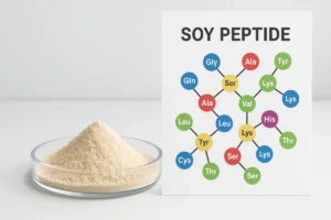 Soy peptide powder and amino acid profile diagram on scientific background