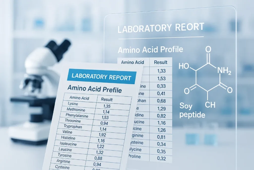 Detailed amino acid profile of soy peptides displayed in a lab analysis context