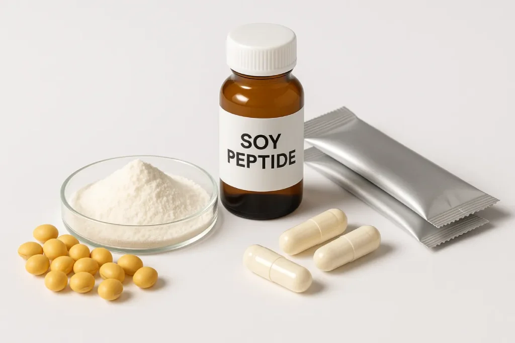Soy peptide powder with capsules, sachets, and 50mL glass RTD bottles for B2B applications in supplements and functional beverages.