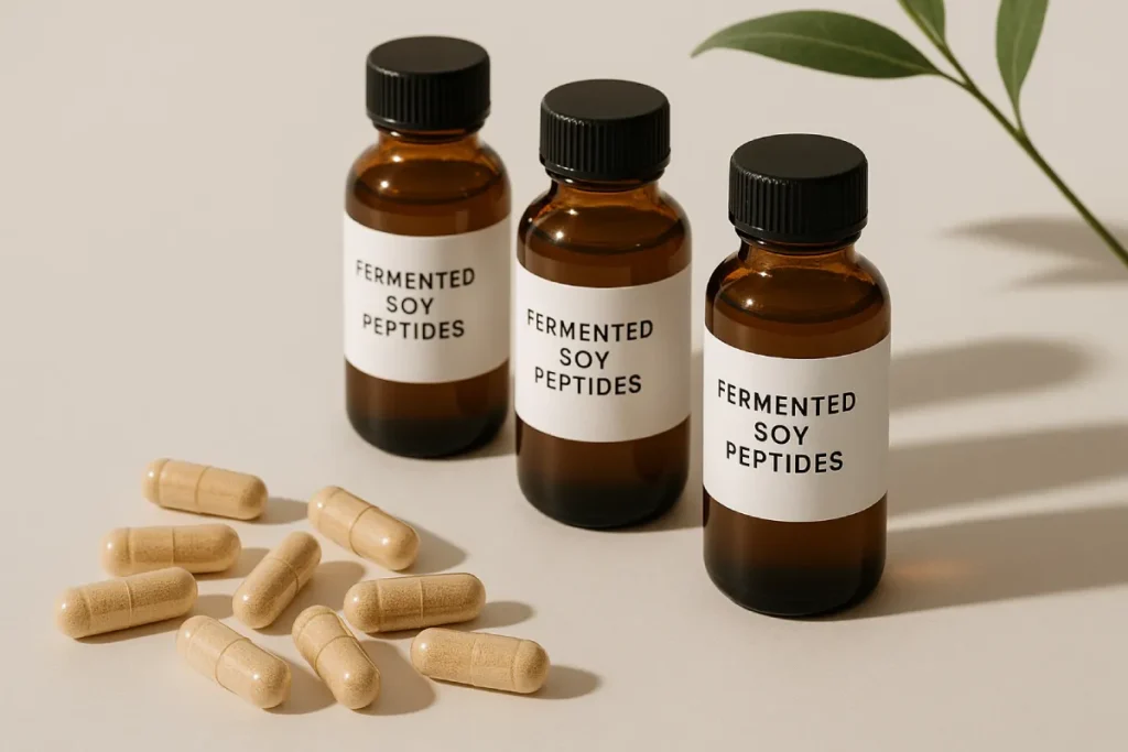 Fermented soy peptide capsules and ready-to-drink bottles for supplement and beverage applications, clean-label concept