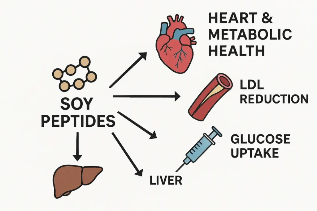 Illustration showing how soy peptides support cardiometabolic health through cholesterol reduction, blood pressure regulation, and glucose metabolism.