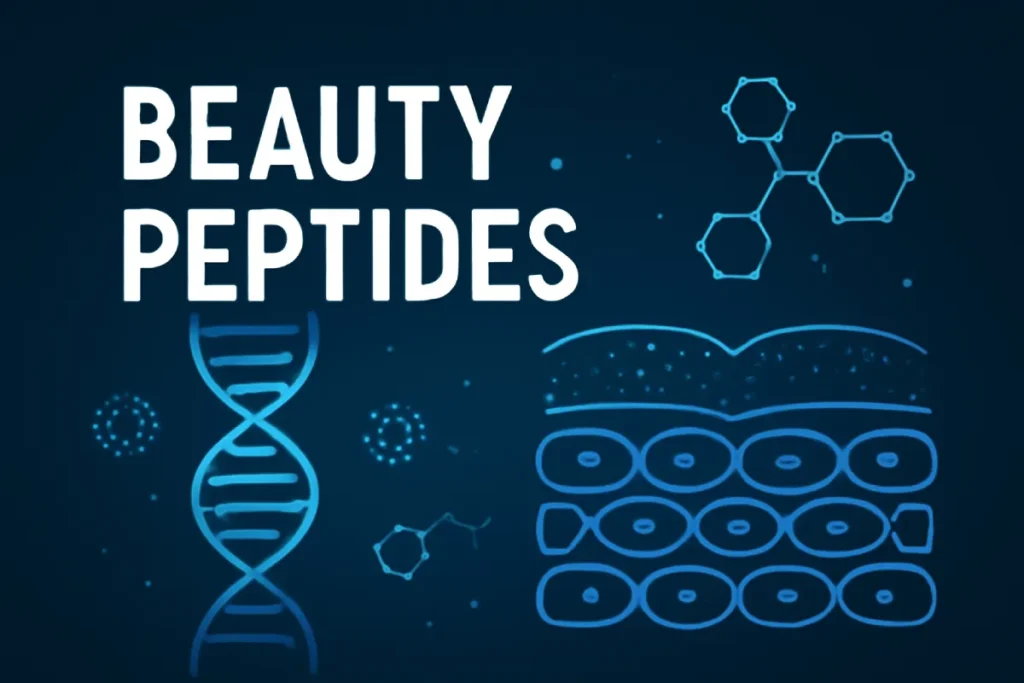 A futuristic image showing molecular structures, DNA strands, and skin cells, interconnected with a modern scientific aesthetic, emphasizing technology-driven beauty peptides and innovation.