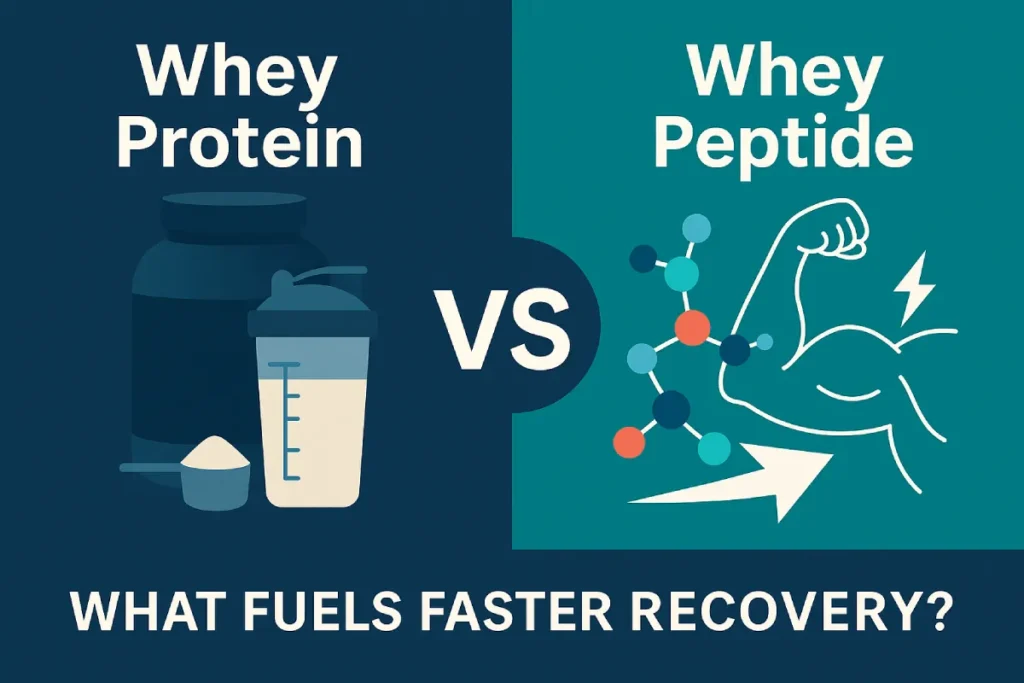 Visual comparison of whey protein and whey peptide for muscle recovery, showing absorption speed and formulation benefits
