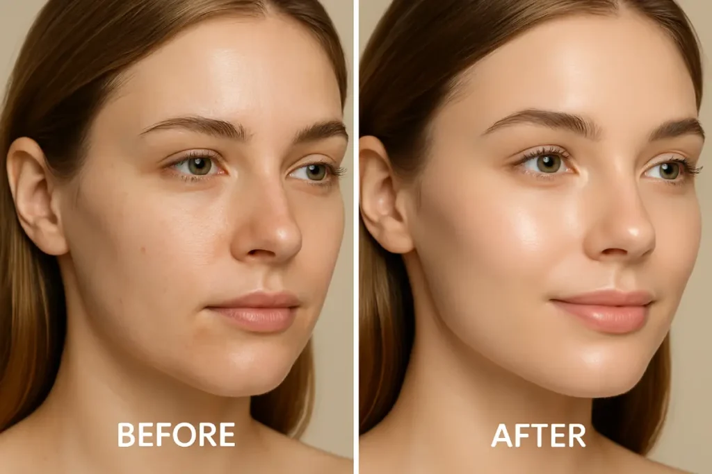 Visual showing improved skin hydration, elasticity, and glow from collagen tripeptide supplementation.
