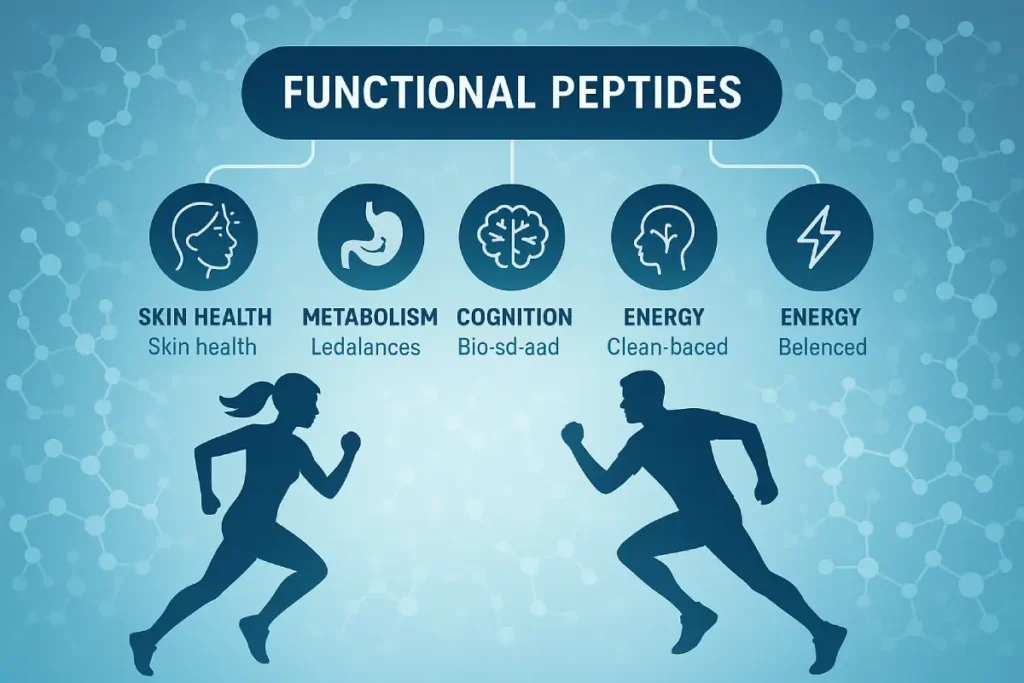 Visual representation of functional peptides supporting different lifestyle needs—skin, energy, cognition, metabolism—surrounded by molecular structures and diverse consumer silhouettes