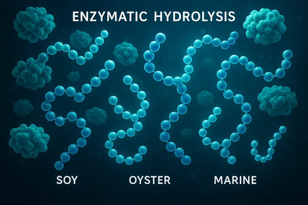 Illustration of the hydrolysis optimization process with molecular structures representing soy, oyster, and marine collagen peptides. Demonstrating how enzymatic hydrolysis enhances bioactivity and absorption.