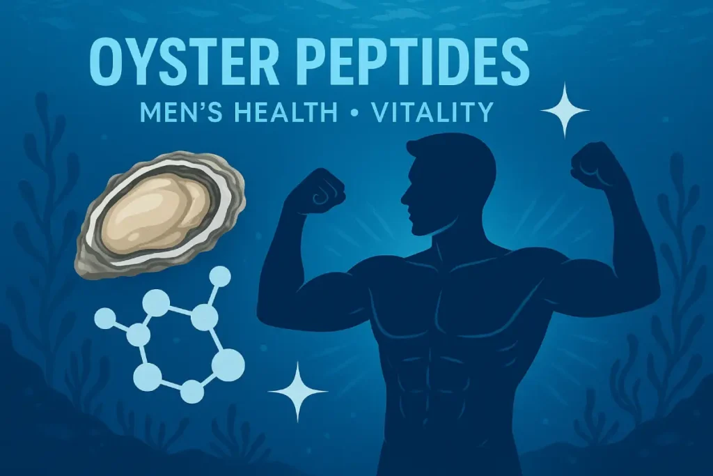 A high-quality image showing oyster peptides enhancing men’s health, with molecular structures and marine elements symbolizing vitality and wellness.