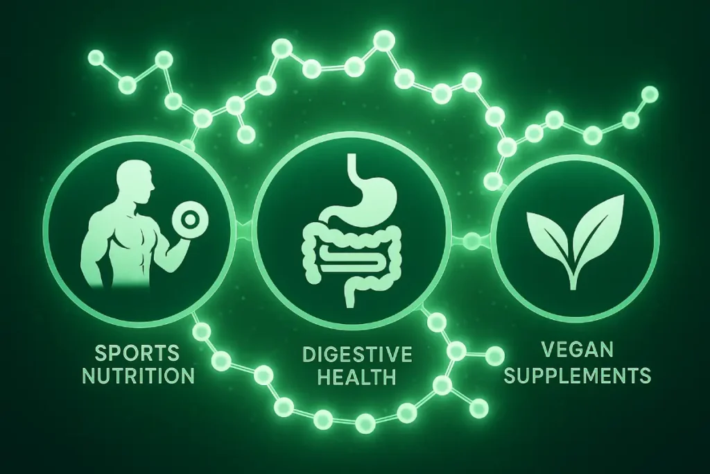 Conceptual illustration of pea peptides applied in sports nutrition, gut health, and vegan supplements with futuristic molecular design