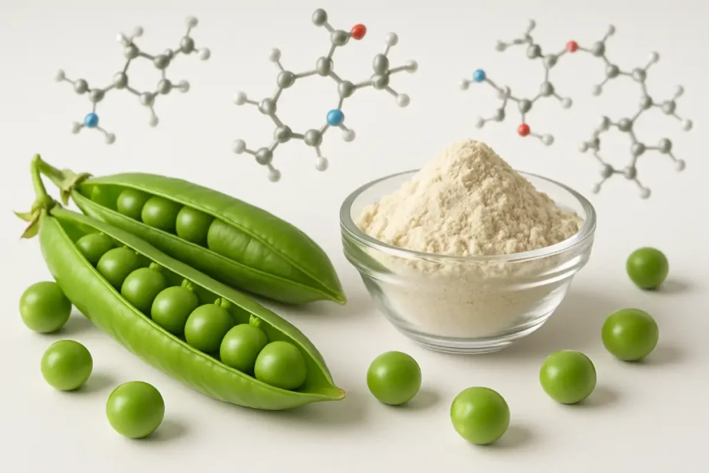 Close-up of green peas and hydrolyzed pea protein powder symbolizing sustainable plant-based nutrition