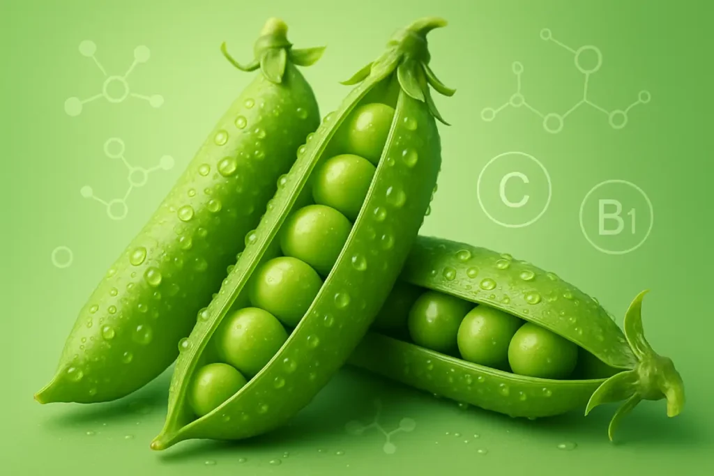Fresh green pea pods with visible peas and subtle molecular icons, symbolizing rich nutrition and sustainable plant-based protein for modern health.
