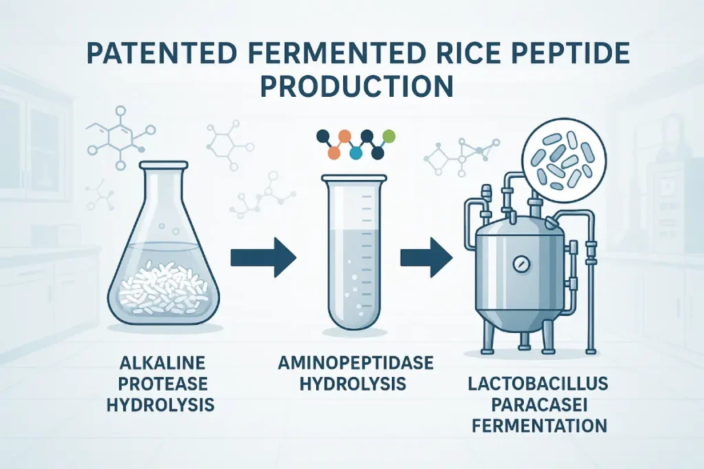 Visual representation of patented rice peptide production process, showing a 3-stage bioprocess: enzymatic hydrolysis followed by probiotic fermentation. Includes laboratory equipment, protease symbols, and Lactobacillus icons in a clean, scientific environment. Highlights innovation, factory-scale R&D, and proprietary technology.