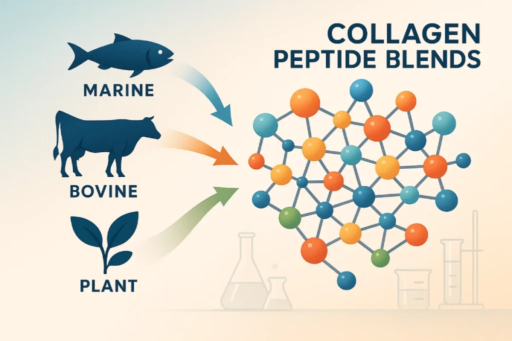 Illustration of collagen peptide blends combining bioactive peptides for B2B functional nutrition, showing molecular structures and multiple peptide sources.