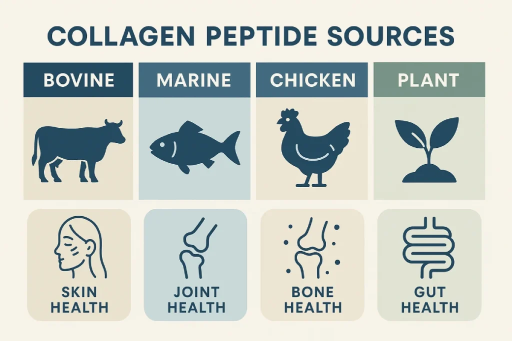 Diagram showing different collagen peptide sources (bovine, marine, chicken, plant) with associated bioactive benefits like skin, joint, bone, and gut health.