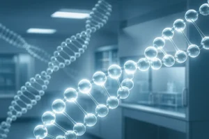 Cover image showing collagen peptide synthesis with high-purity manufacturing process in a modern biotech laboratory