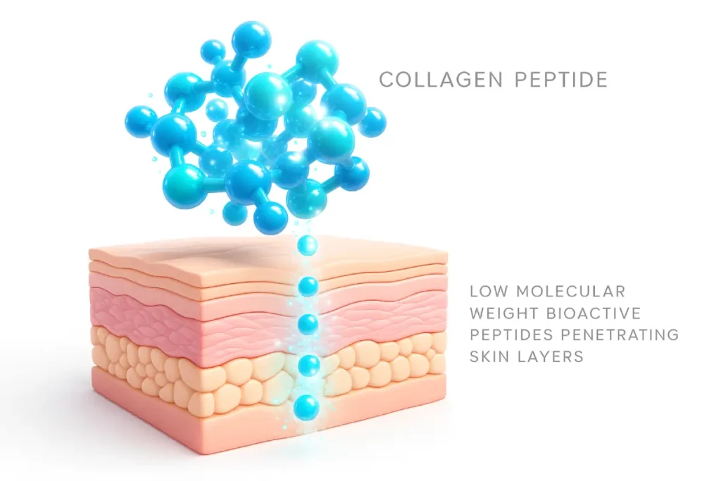 Molecular structure of collagen peptides illustrating bioavailability and skin absorption for functional nutrition