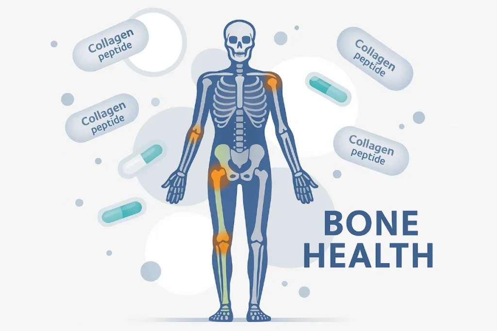 Collagen peptides for bone health supplements concept with human skeleton and functional nutrition elements